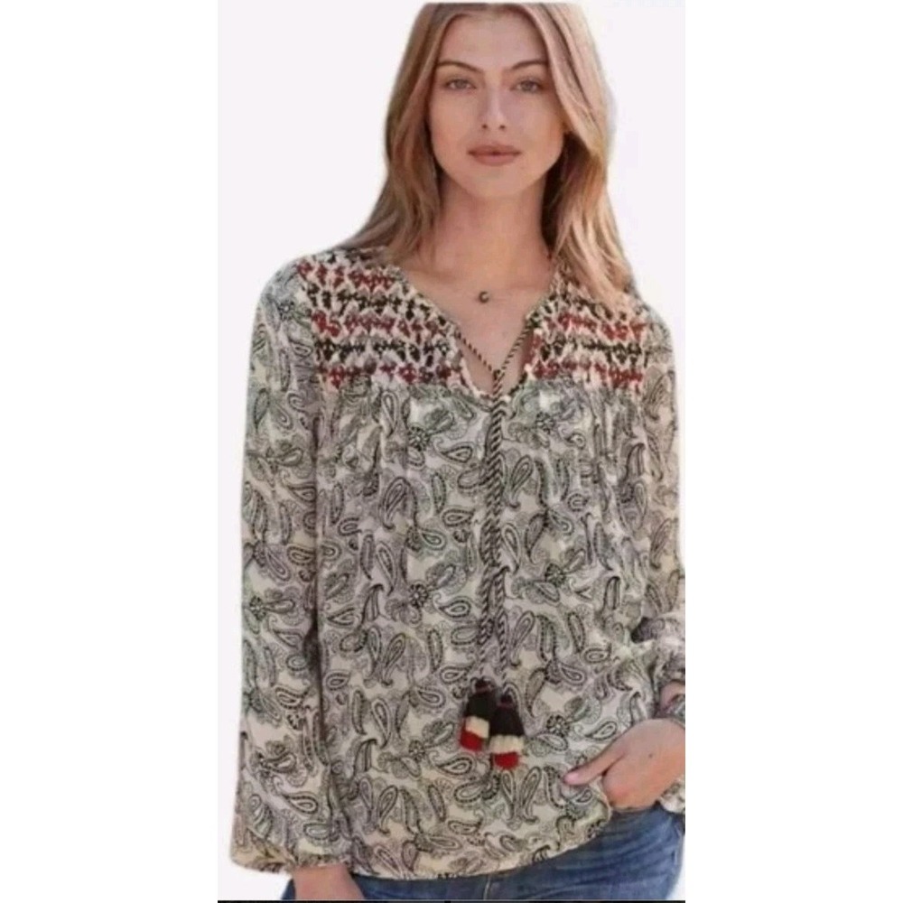 Sundance Paisley Smocked Peasant Blouse Tassel Tie Boho Top Medium